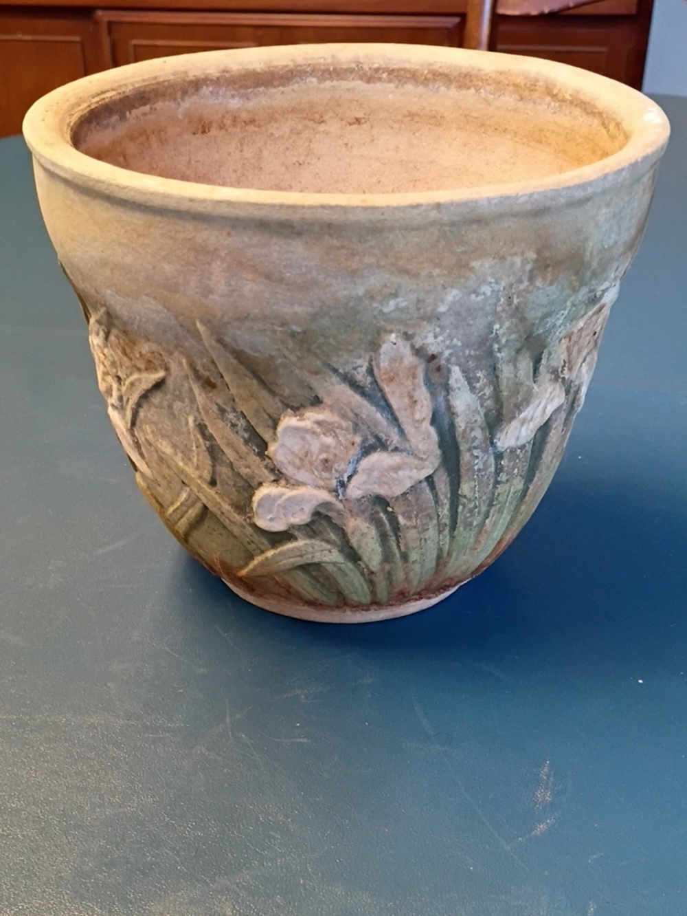 Vintage Decorative Floral Terracotta Planter in Beige and Green